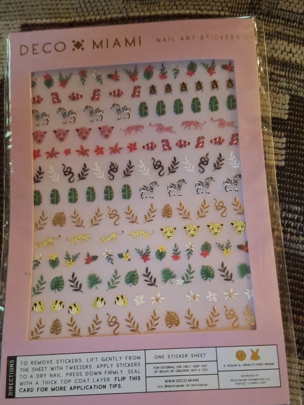 Pink Tropical Nail Art Sticker Sheet – Gold & Green Accents